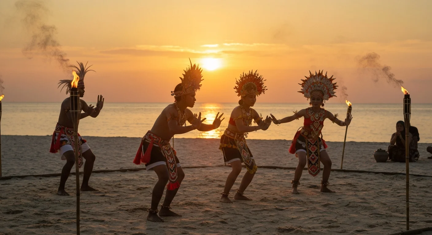 Traditional Sulawesi cultural performance at sunset