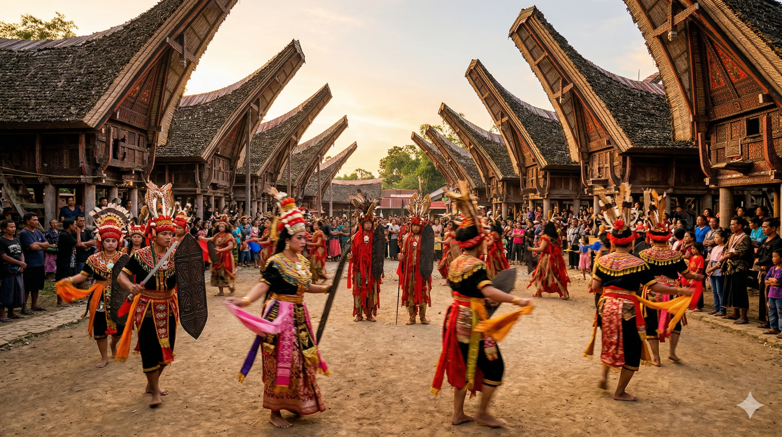 Traditional Sulawesi dancers performing cultural ceremony with colorful costumes
