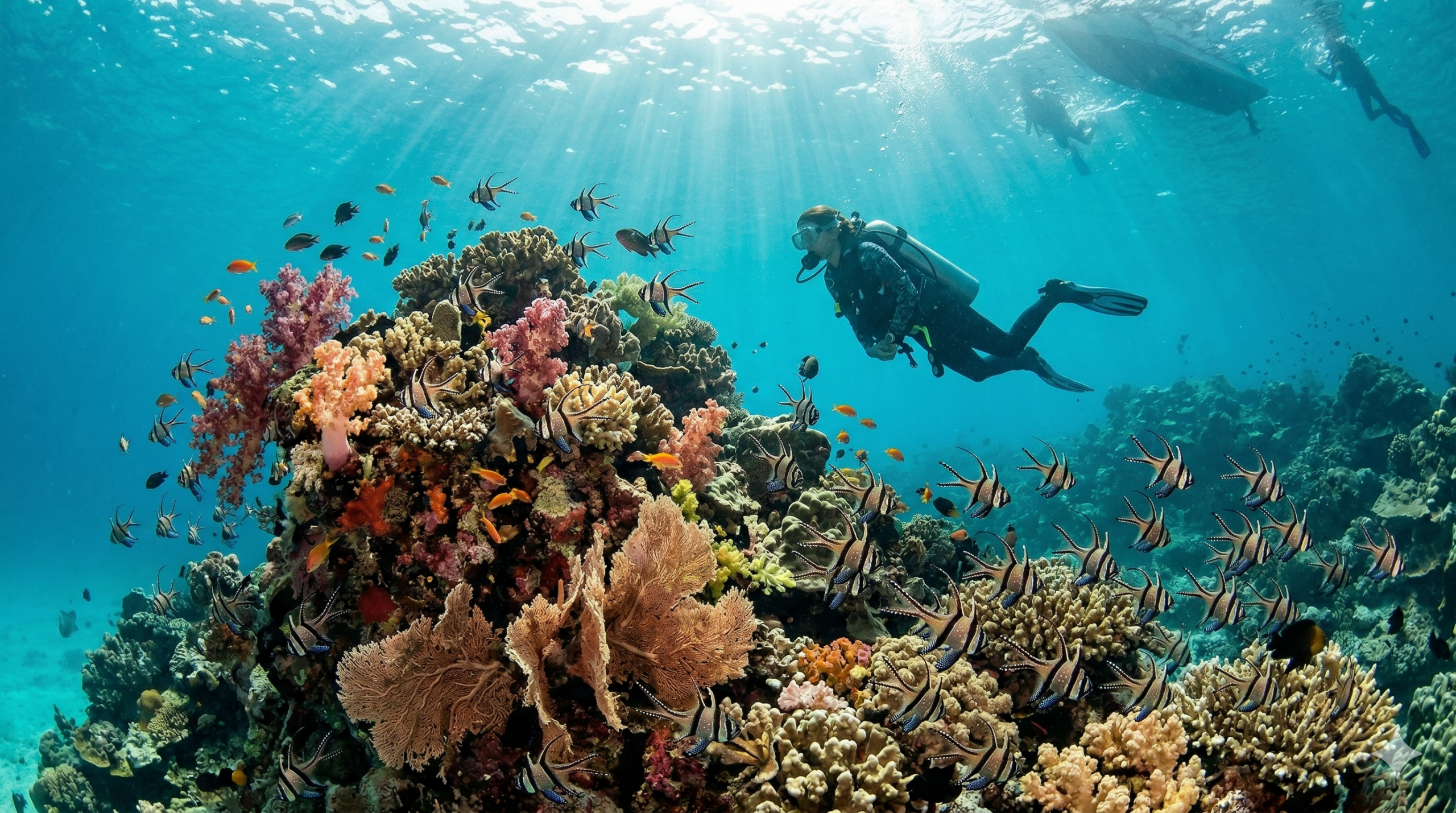 Scuba diver exploring vibrant coral reef in crystal clear turquoise water Banggai Islands Central Sulawesi