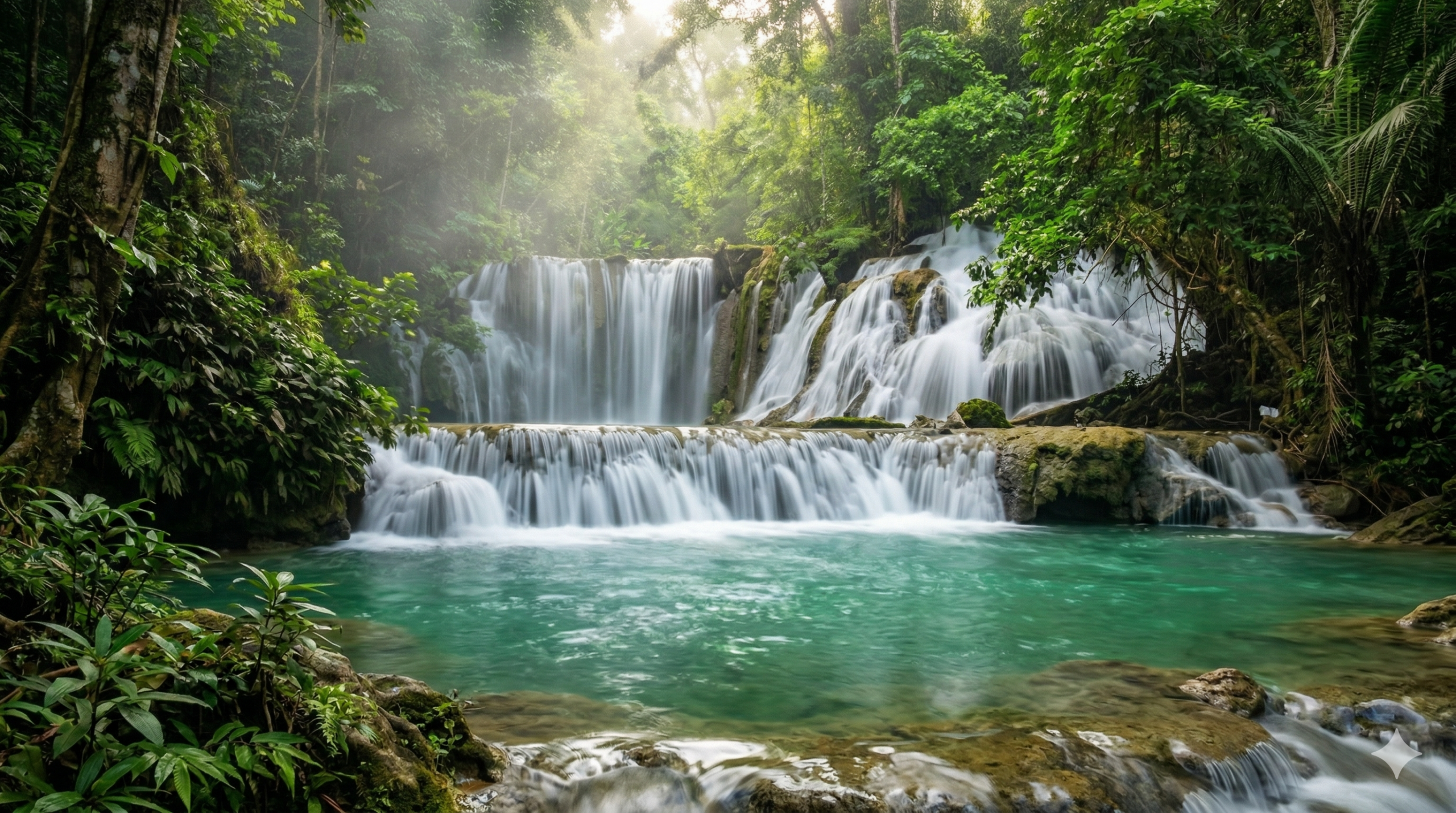 Majestic tropical waterfall cascading into emerald pool Luwuk Banggai Sulawesi
