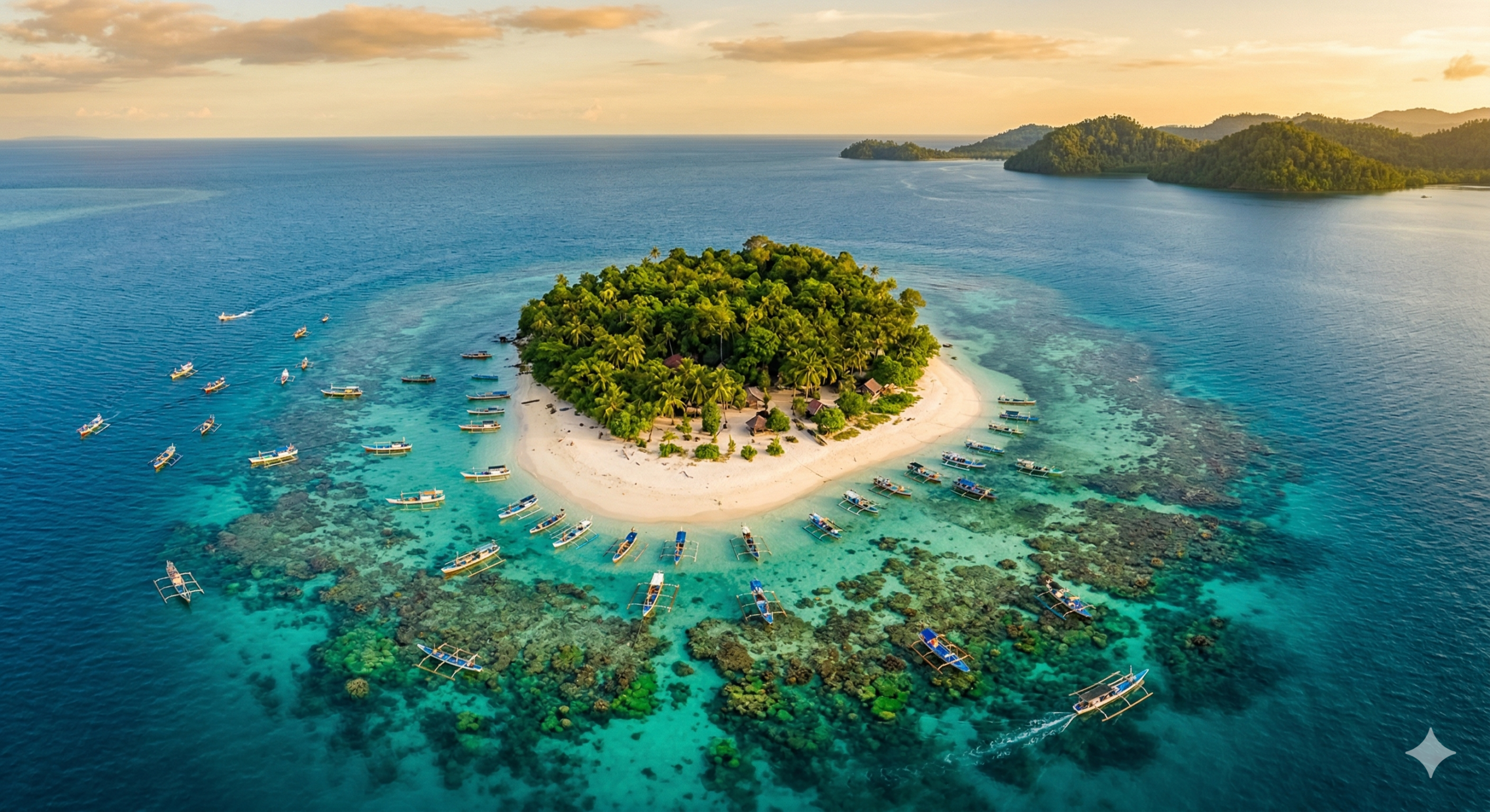 Golden non-stinging jellyfish floating in crystal clear water of Jellyfish Lake Banggai Islands with snorkeler