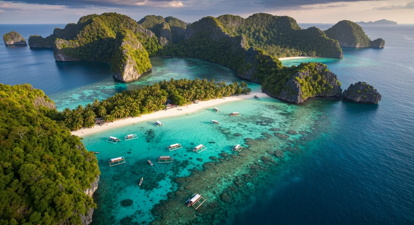Aerial view of Banggai Archipelago islands with turquoise lagoon