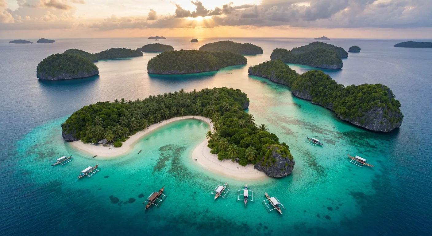 Aerial view of Banggai Archipelago crystal clear turquoise waters and pristine islands