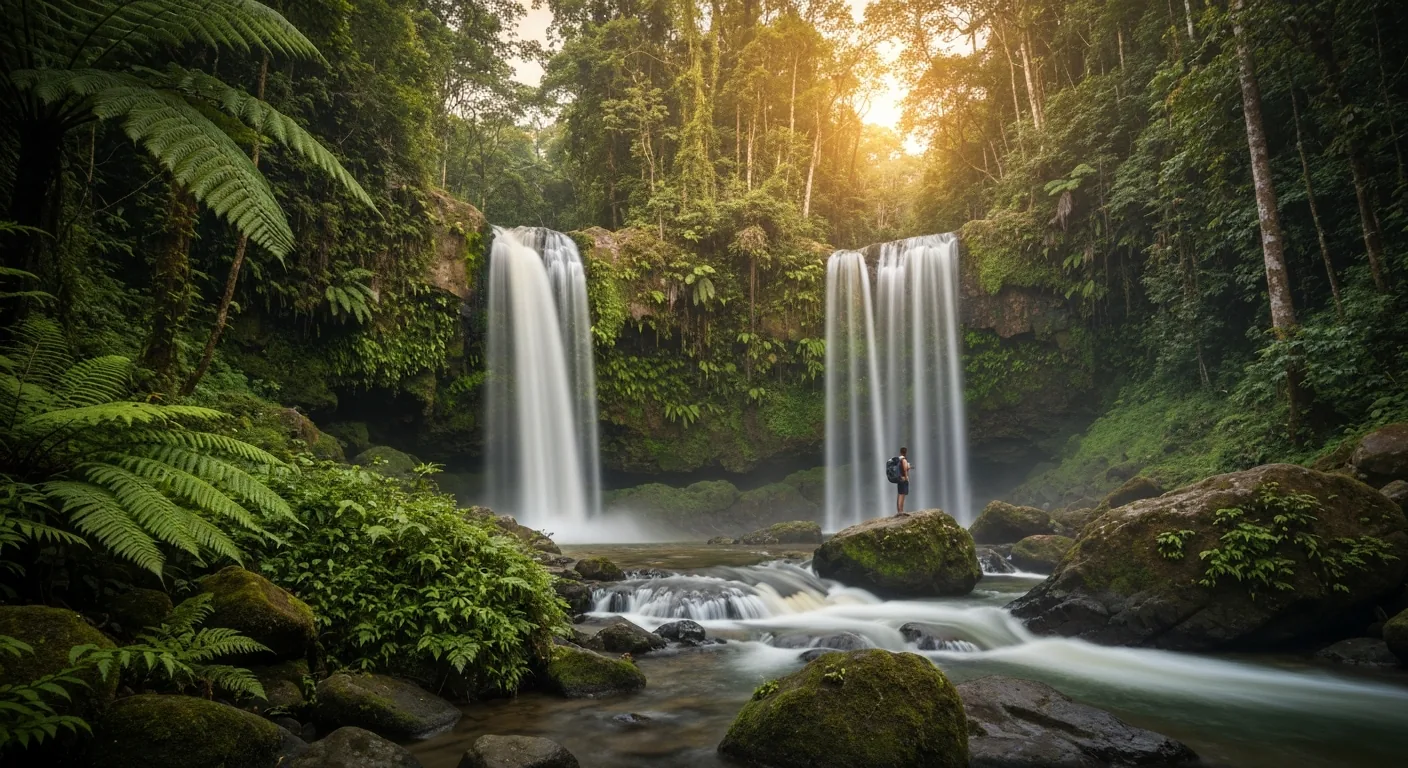 Trekking through lush rainforest to waterfall in Luwuk Banggai